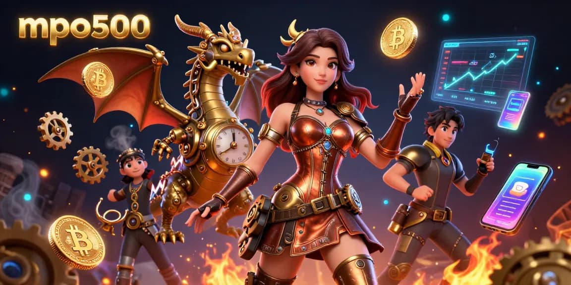 Play thrilling games at mpo500 with vibrant 3D illustrations showcasing crypto elements and casino excitement.