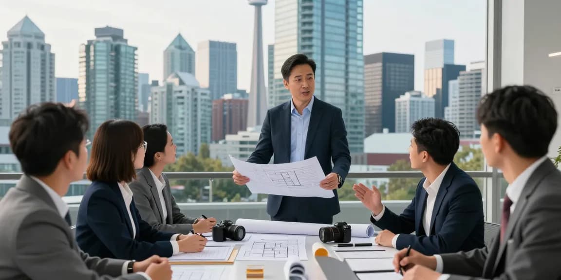 Terry Hui discussing innovative real estate projects in a vibrant cityscape.