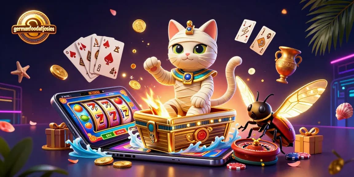 Spin to win with germanfoodatjosies as a mummy cat bursts from a slot-filled pyramid casino.