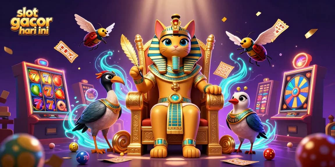 Engage in thrilling gameplay with slot gacor hari ini, featuring a vibrant scene of a pharaoh cat and dynamic slot elements.