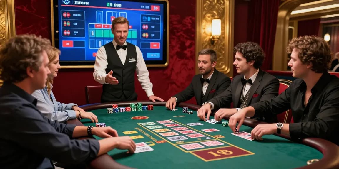 Baccarat Online game in a luxurious casino setting with players placing bets and engaging with a professional dealer.