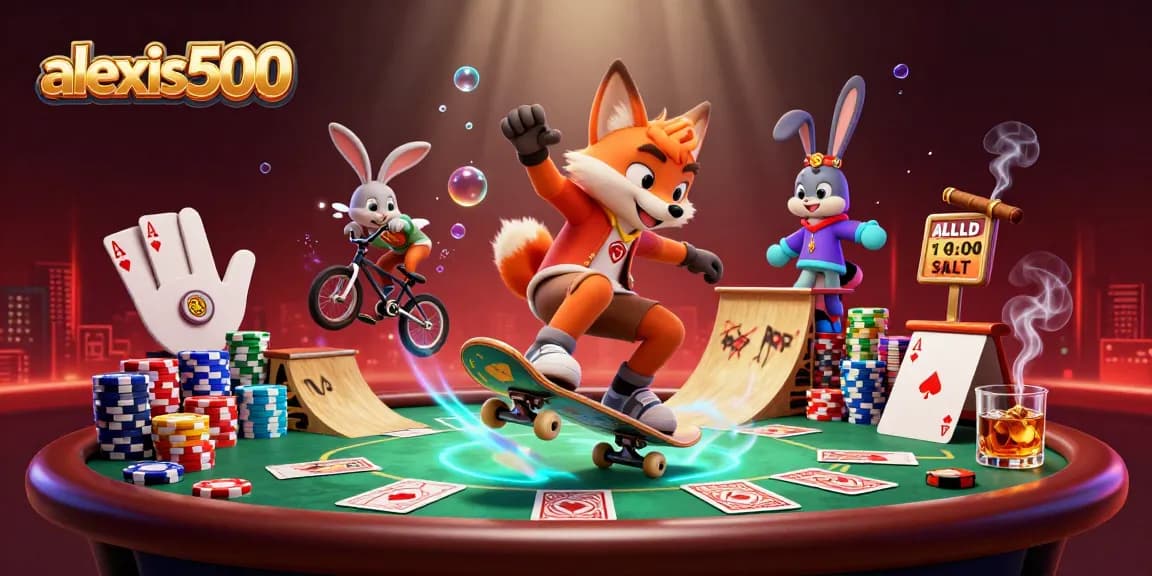 Join the excitement with alexis500 as a fox performs tricks over golden poker chips in a lively casino scene.