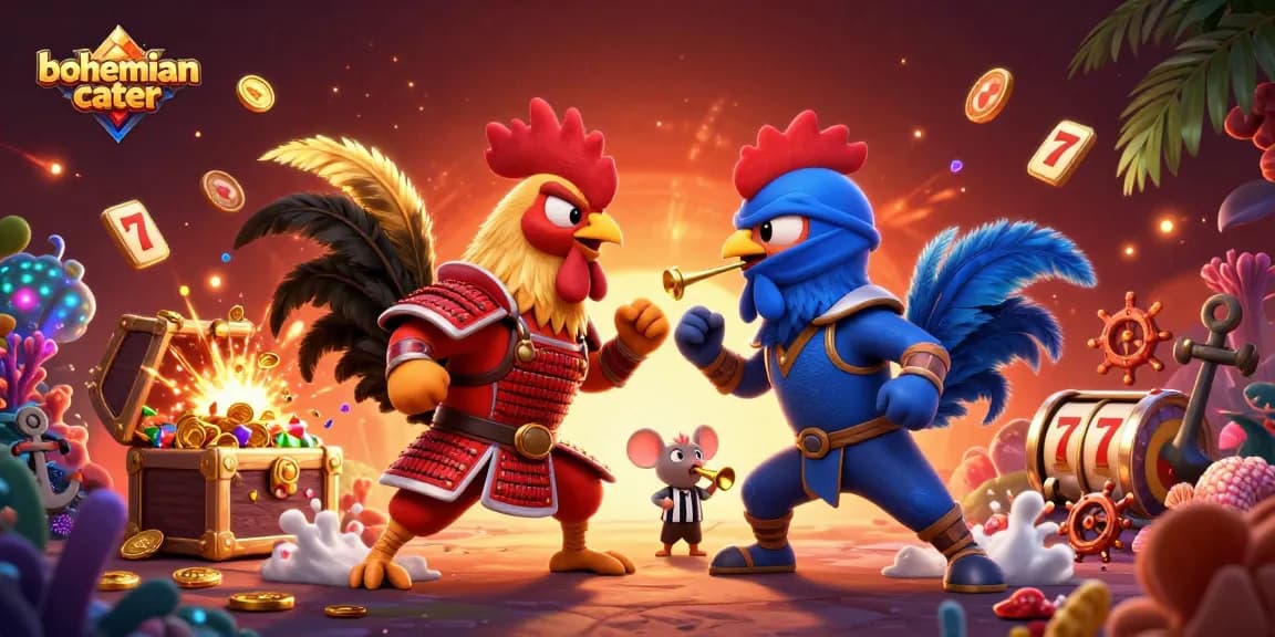 Engage with bohemiancater's vibrant casino-themed scene featuring dynamic gambling elements and cartoon roosters.