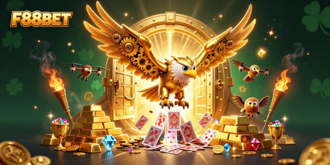 Experience thrilling winnings at F88BET with the captivating golden eagle soaring through a treasure-filled casino scene.