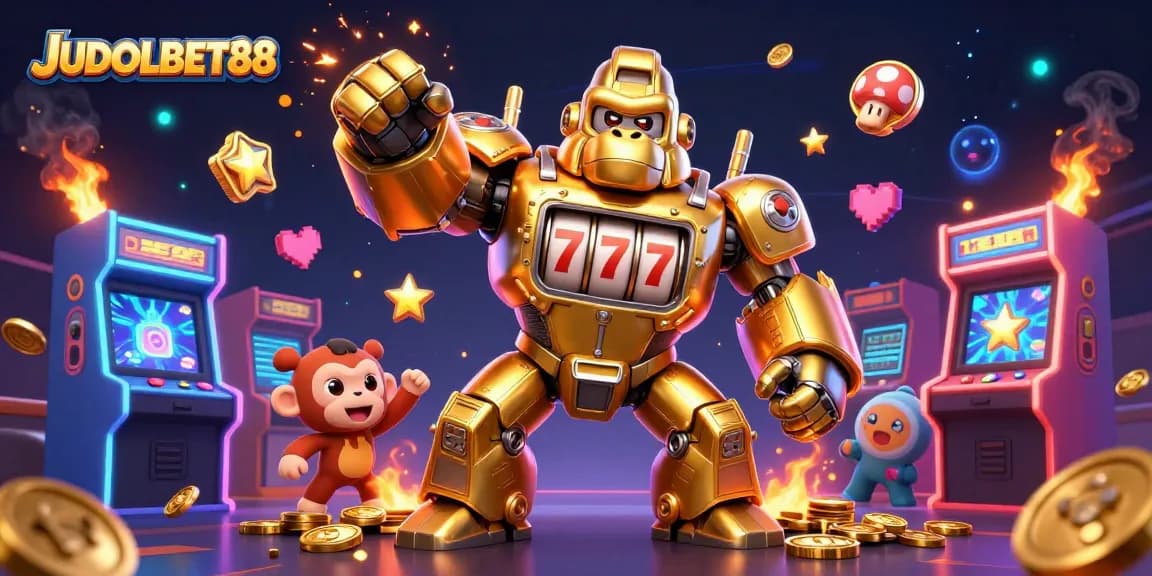 Engage in thrilling slots with JUDOLBET88 as the golden mech punches upward with coins and jackpots.