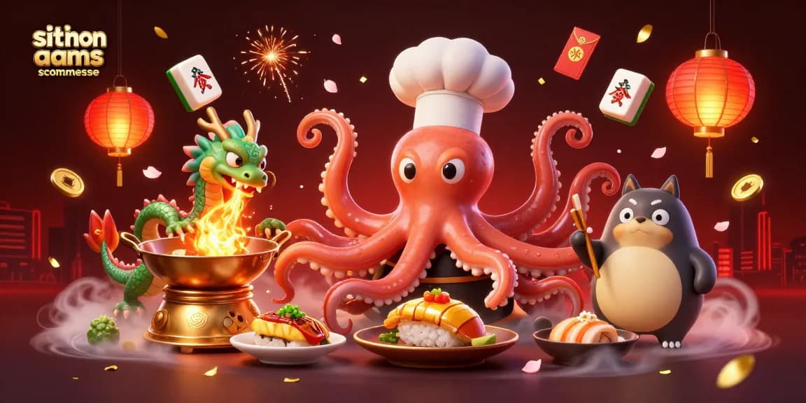 Gioca su siti non aams scommesse con l'assistenza di un polpo chef e un drago in un'illustrazione vivace.