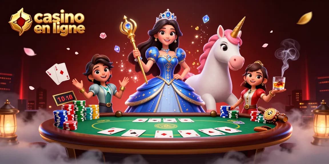 Scène 3D captivante représentant des joueurs de casino en ligne profitant d'une action de poker vibrante et d'une atmosphère magique.