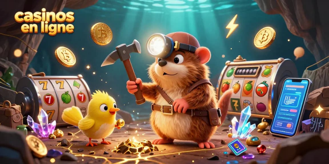 Jouez aux casinos en ligne avec notre fascinante illustration de mole trésor et ses amis dans une mine d'or pleine de symboles de machines à sous.
