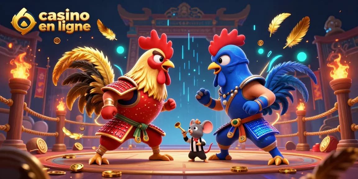 Un affrontement épique entre coqs en armure et ninja dans un casino en ligne animé.