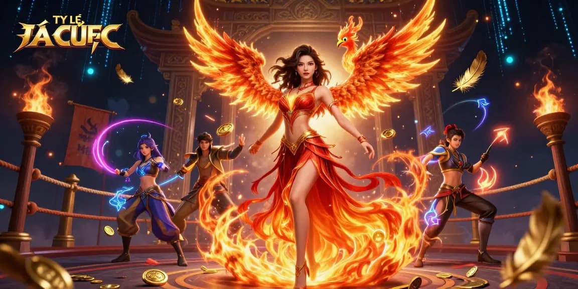 TỶ LỆ CÁ CƯỢC showcases dynamic online betting with a stunning Asian woman, phoenix, and casino elements.