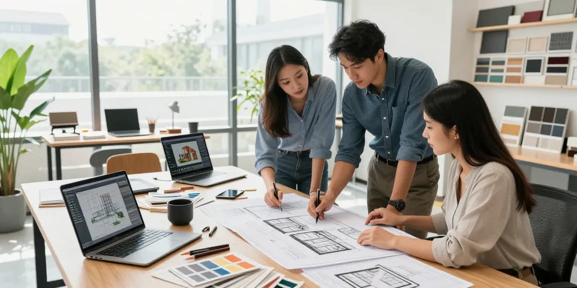 บริษัทออกแบบ architectural studio with designers collaborating on modern projects, showcasing creativity and innovation.