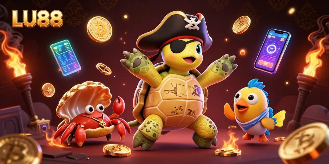 LU88 immerses players in vibrant gaming with cartoon turtle, crab, and parrotfish among glowing coins.