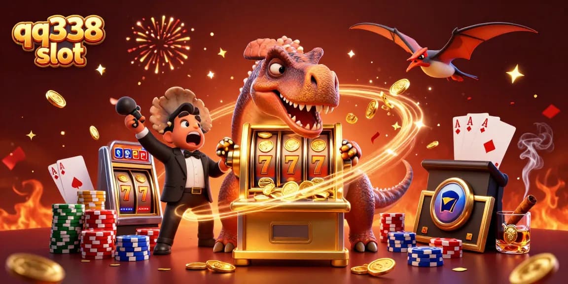 Experience winning with qq338 slot in this vibrant casino scene featuring dynamic characters and celebratory elements.