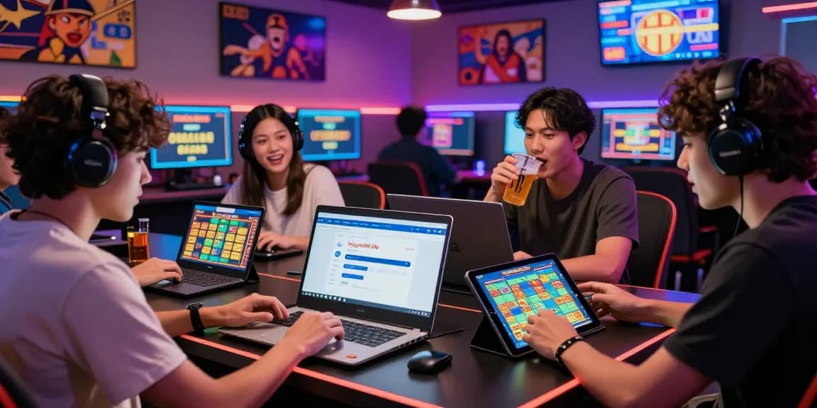 Diverse players in a vibrant gaming lounge engaged with Togel88 Me Login, analyzing strategies and celebrating wins.