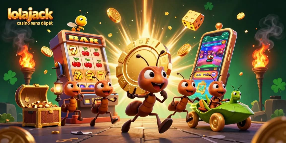 Experience thrill at lolajack casino sans dépôt with a dynamic illustration of playful ants in a heist.