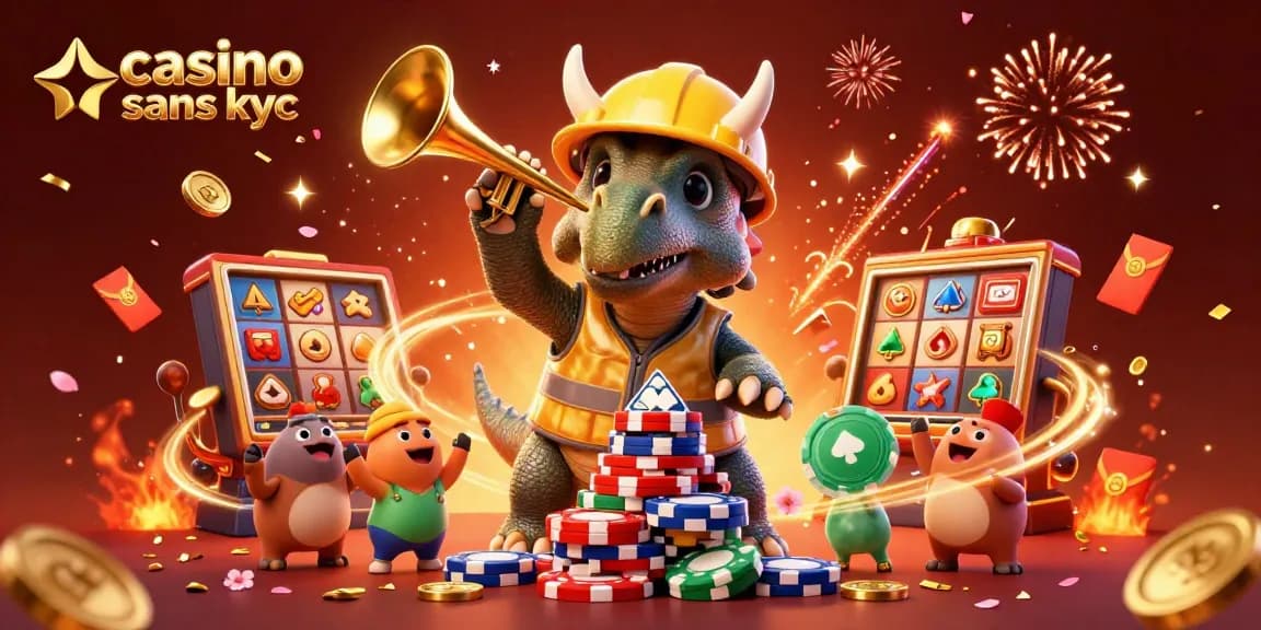 Profitez de l'expérience casino sans KYC avec des personnages de dinosaures célébrant la victoire.