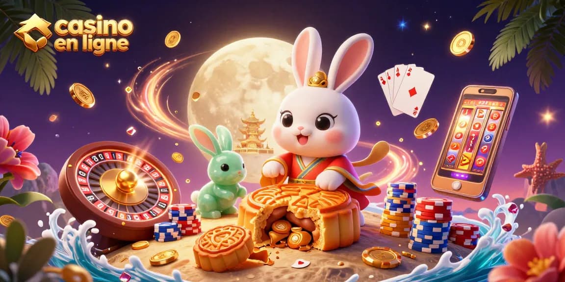 Jouez au casino en ligne avec l'illustration d'un lapin lunaire et des pièces d'or scintillantes.