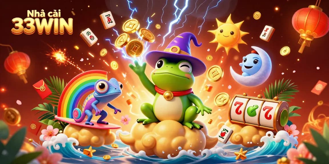 Engage with Nhà cái 33WIN, as the weather wizard frog creates a golden coin storm in a vibrant 3D casino scene.