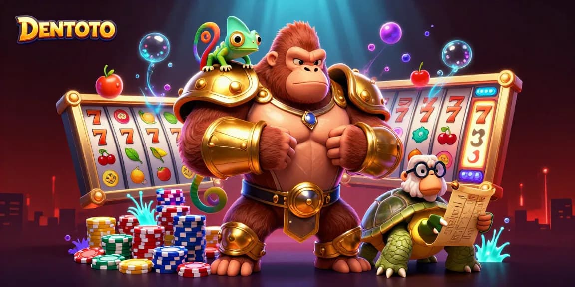 DENTOTO offers thrilling slot excitement with vibrant characters in an engaging casino scene.