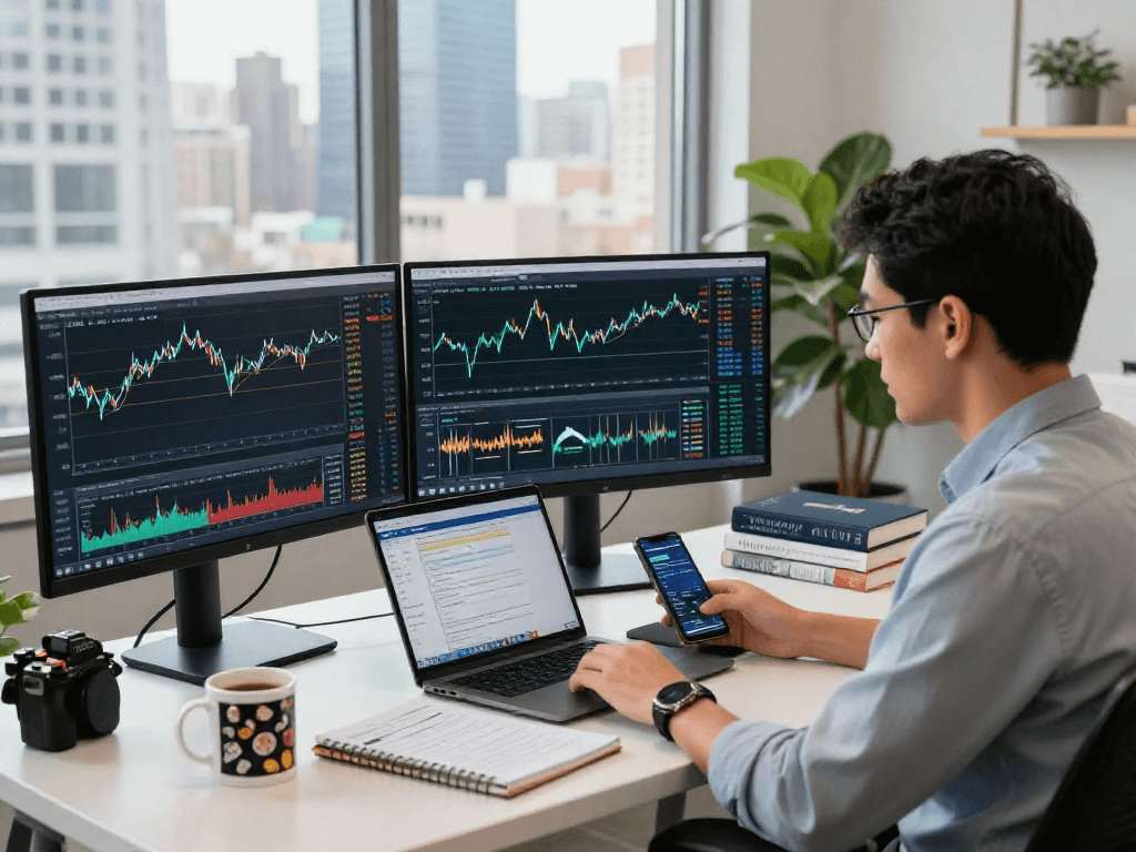 Focused market analyst using TradingView for real-time trading analysis in a modern office workspace.