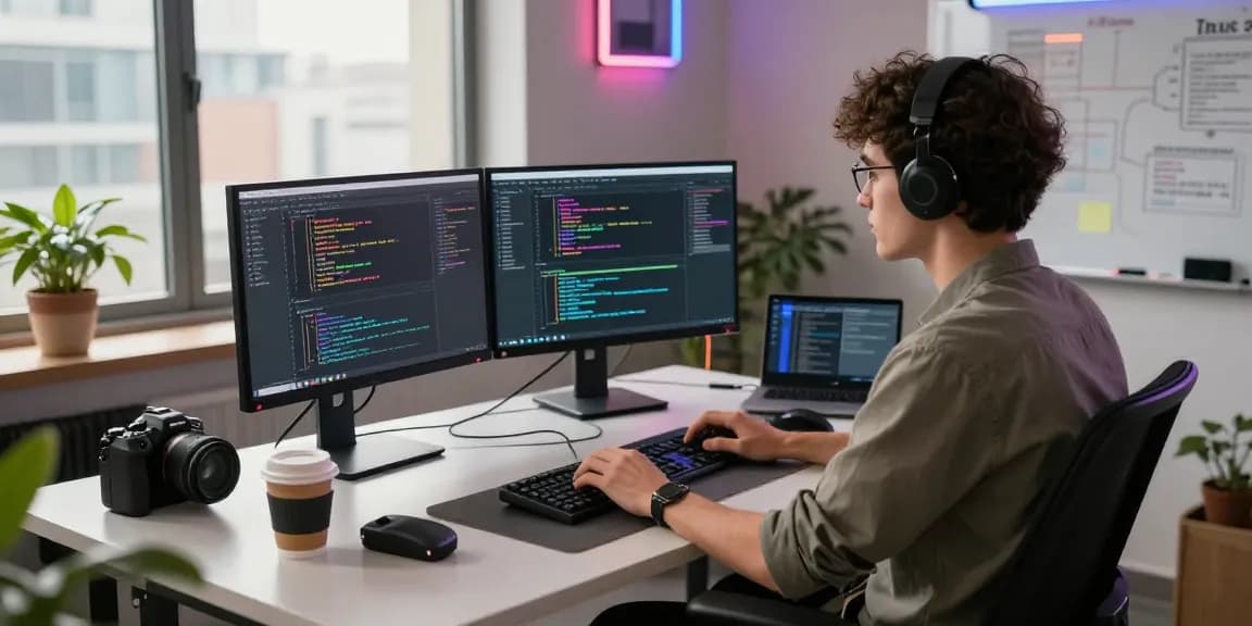 Young developer coding at a modern workspace, showcasing 纸飞机中文版 software development environment with dual monitors and tech gadgets.