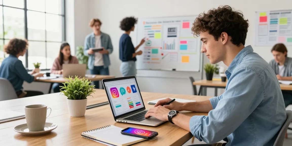 Buy real Instagram likes while analyzing social media marketing strategies in a vibrant co-working space.