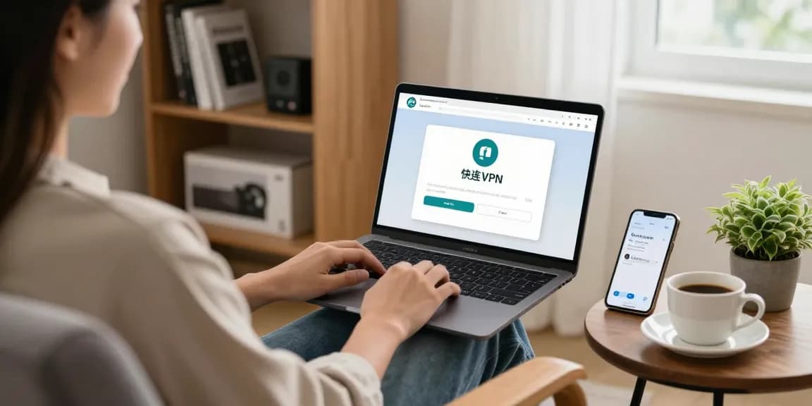 快连 VPN application displayed on laptop in a cozy home office setting with natural light and indoor plants.