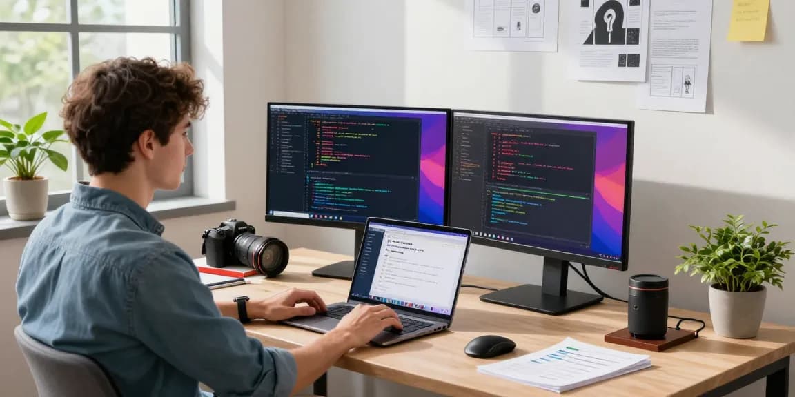 Developer showcasing the features of 纸飞机中文版 in a modern workspace with dual monitors and design elements.