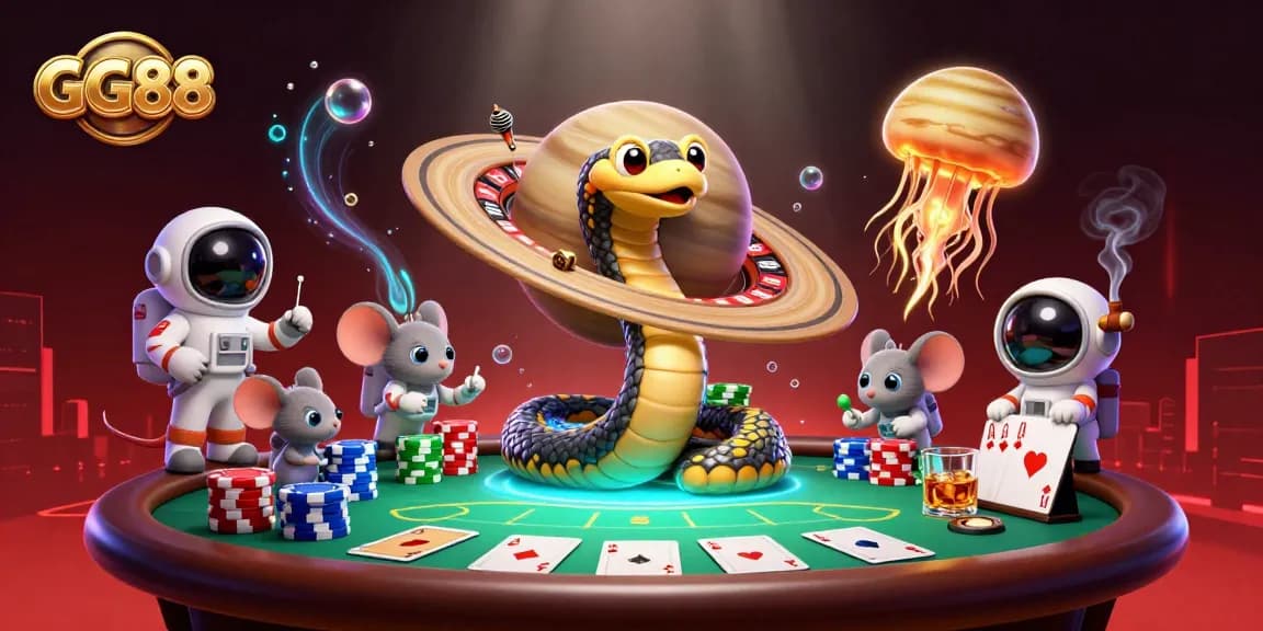 Engage with GG88's dynamic casino scene featuring vibrant gaming action and colorful characters.