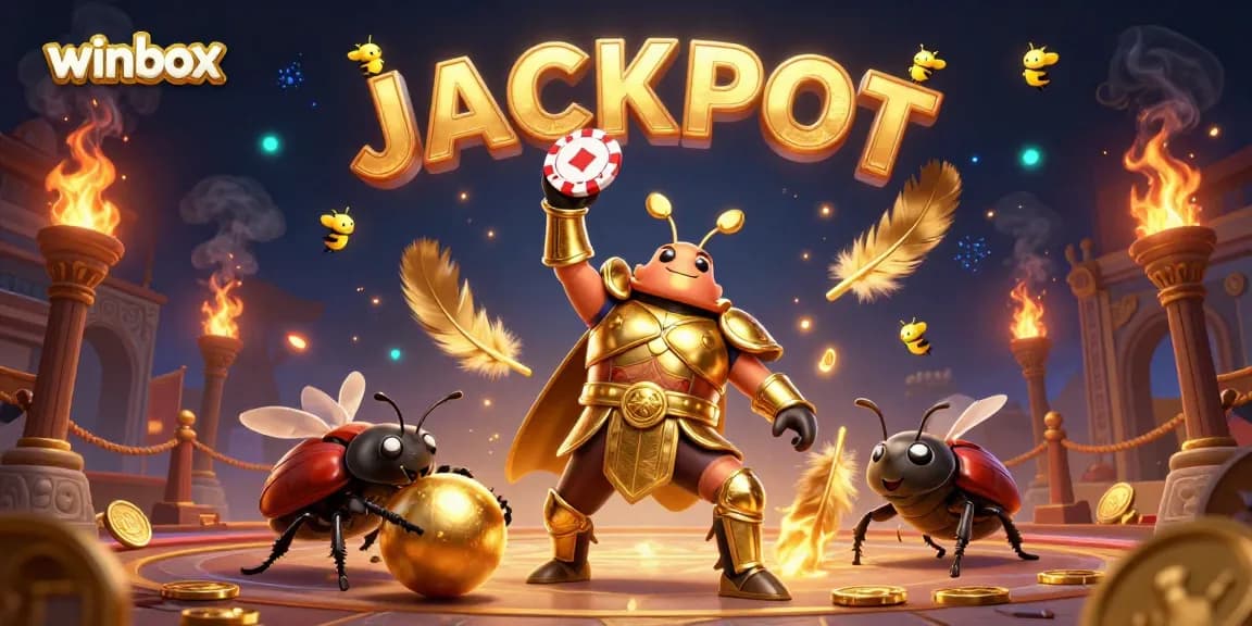 Winbox shows a victorious beetle celebrating a jackpot, with vibrant casino elements.