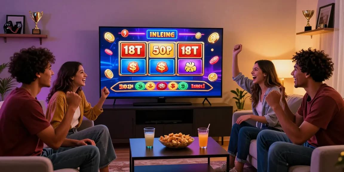 Des amis profitant d'une soirée de jeu de casino en ligne animée à la maison, célébrant des victoires avec des collations.