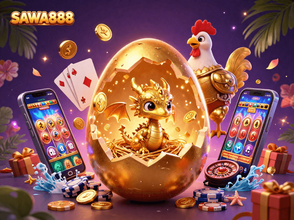 SAWA888 showcases a golden dragon emerging from poker chips amidst vibrant casino elements.