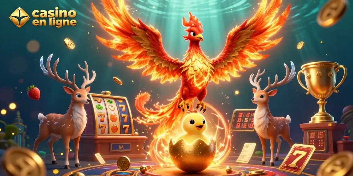 Jouez à des jeux au casino en ligne avec une scène dynamique de phoenix, pièces d'or, et éléments de gain.