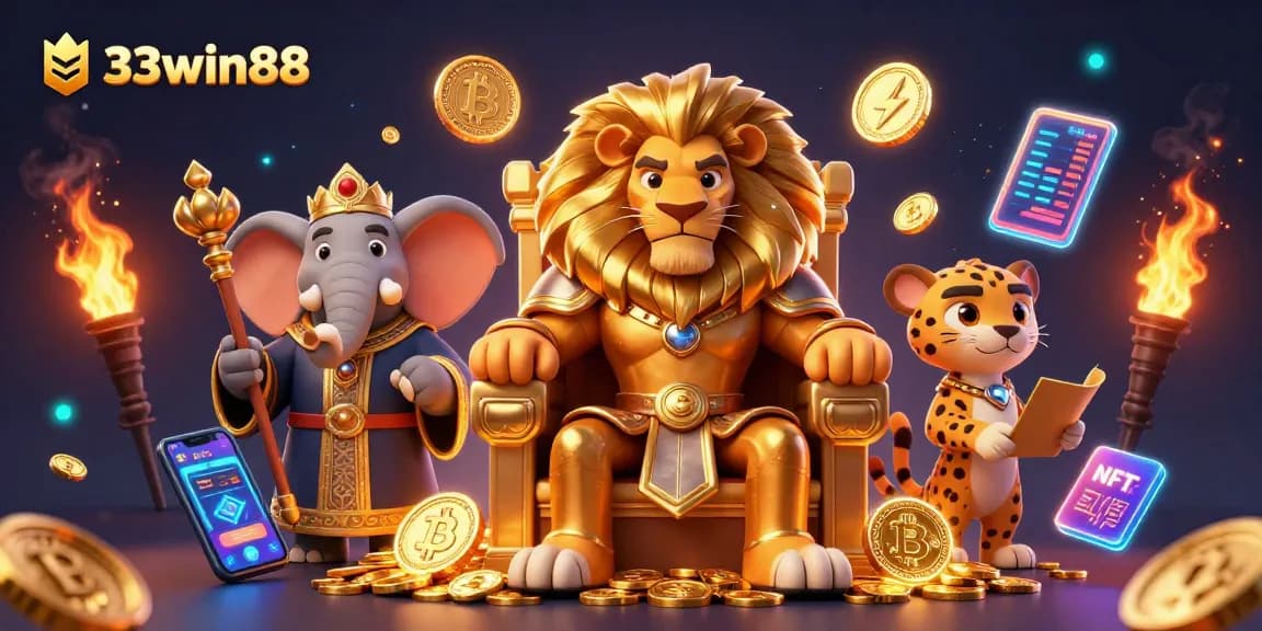 Experience the thrilling world of 33win88 with an illustration of an iconic royal lion king surrounded by vibrant crypto elements.