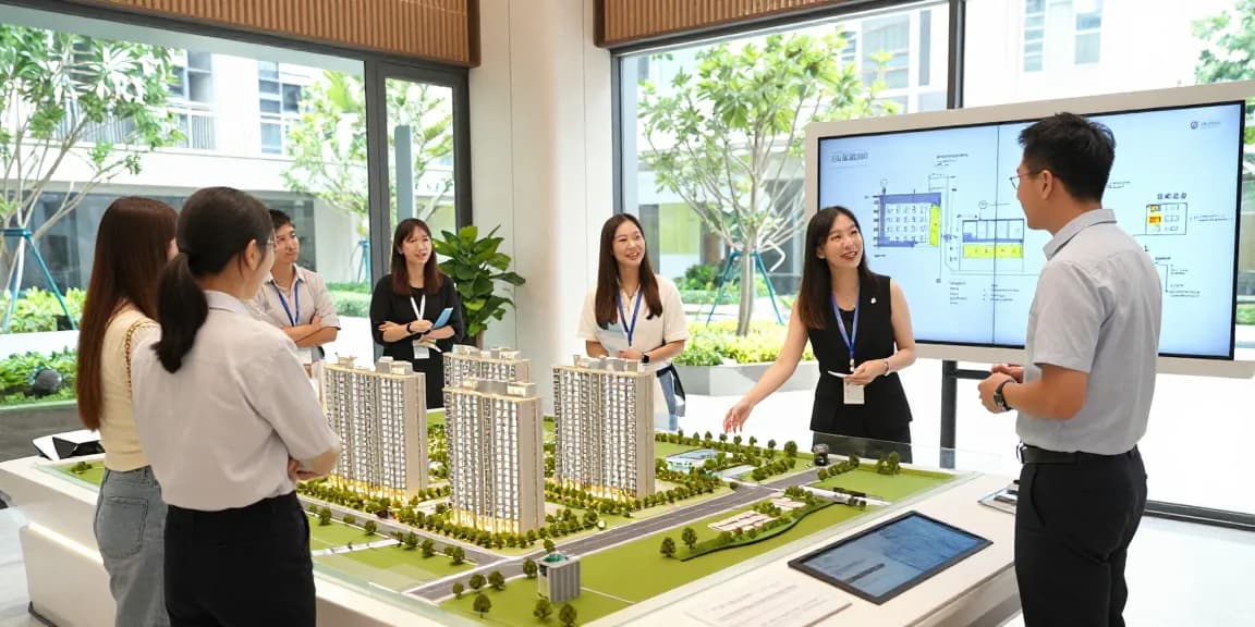 Dover Residences showcase with prospective buyers exploring luxury features and amenities in a modern sales gallery.