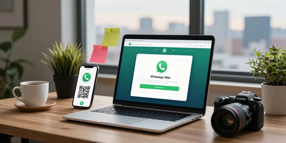 User logging into WhatsApp網頁版 on a sleek laptop in a bright workspace with ambient light and creative tech elements.