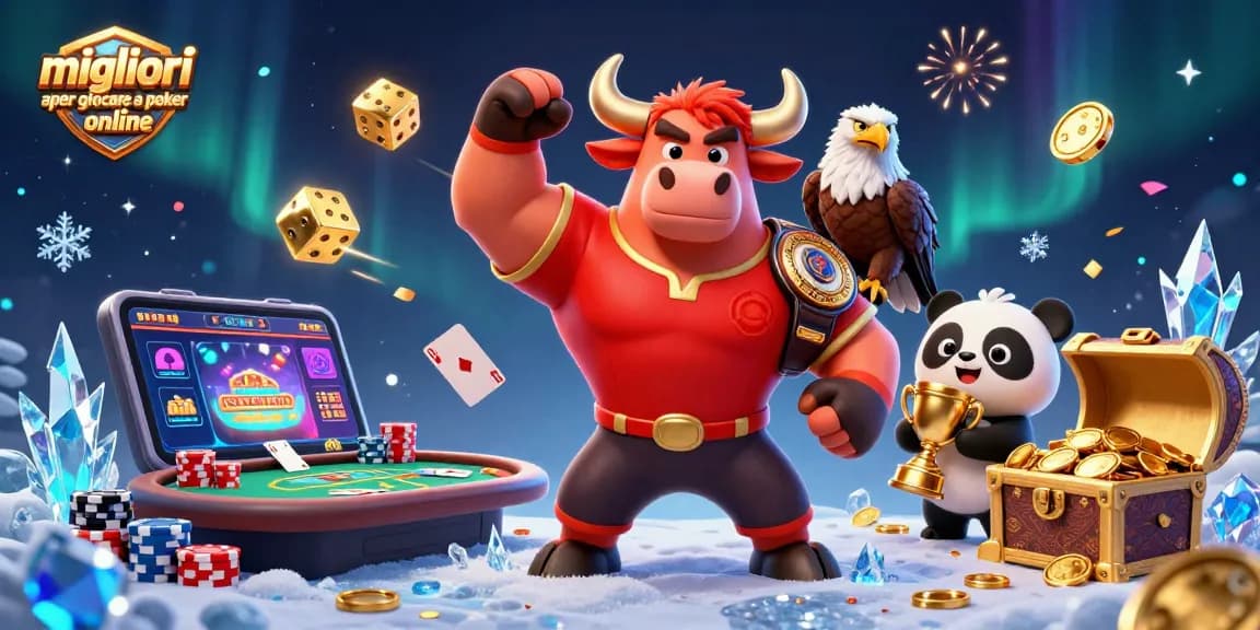 Migliori app per giocare a poker online: vittorioso toro, aquila e panda, circondati da tavoli e gettoni.