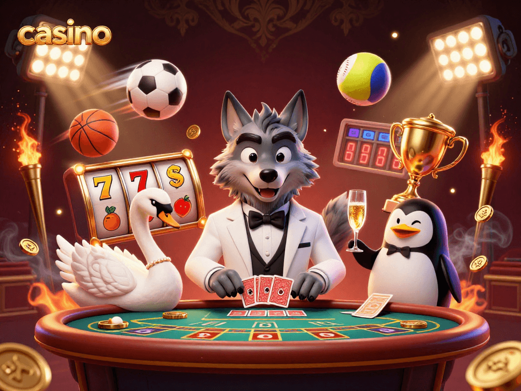 Experience dynamic casino excitement with a debonair wolf, elegant swan, and refined penguin in a vibrant scene.