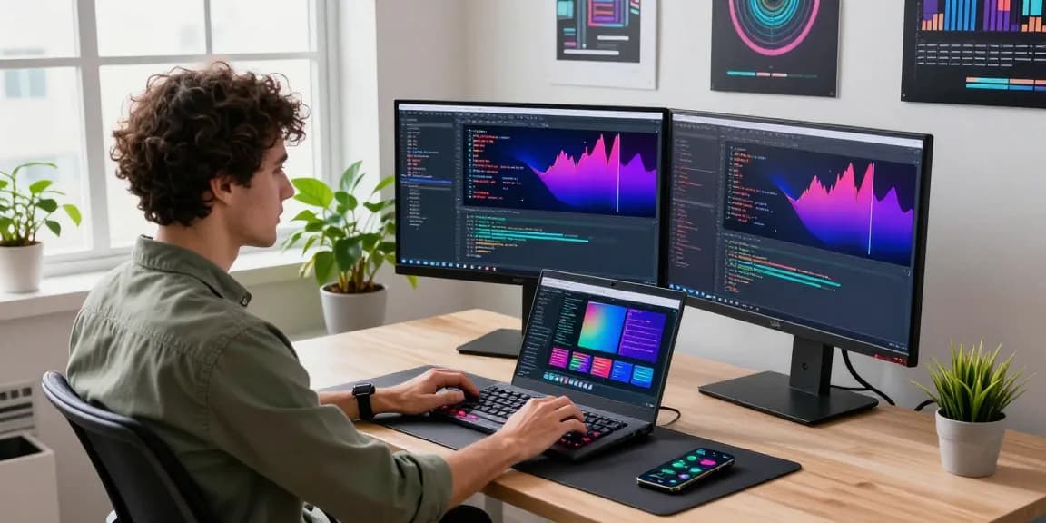 Dynamic software development workspace at teiegramin.com, showcasing a developer coding with modern tech elements.