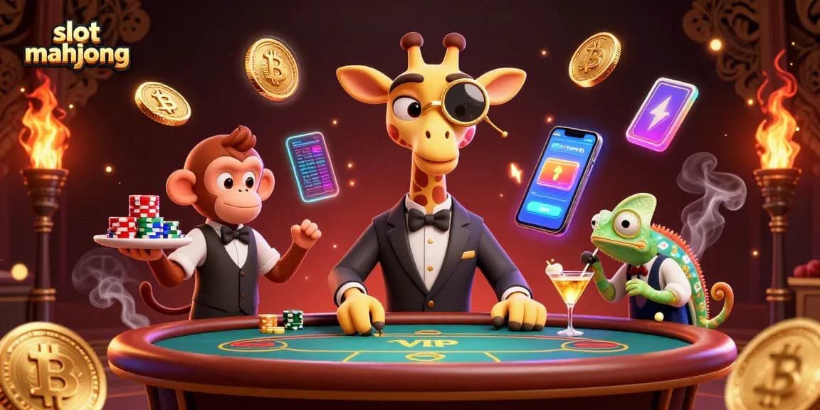 Play slot mahjong with a vibrant and exciting scene featuring cartoon characters and casino elements.