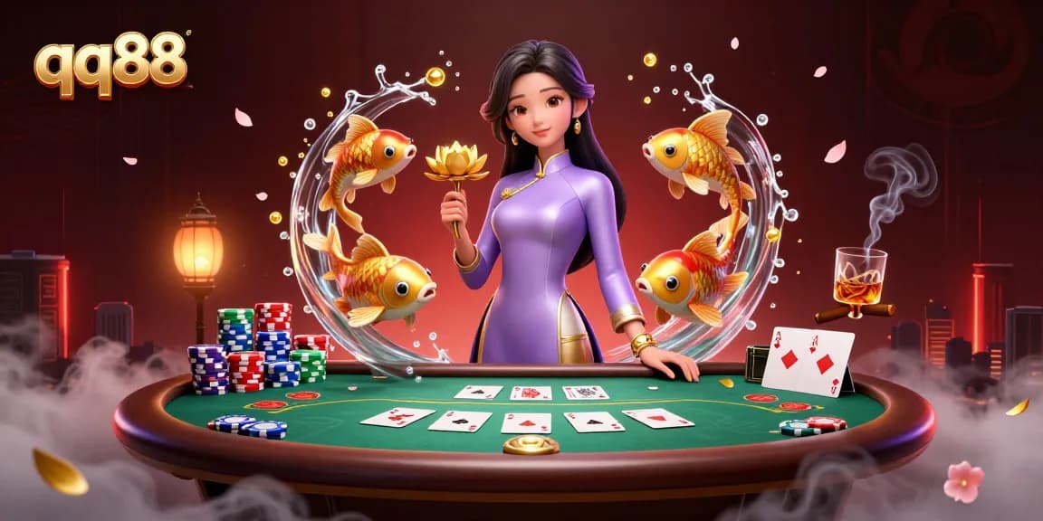 Experience exciting casino action with qq88 in a vibrant, 3D poker-themed illustration.
