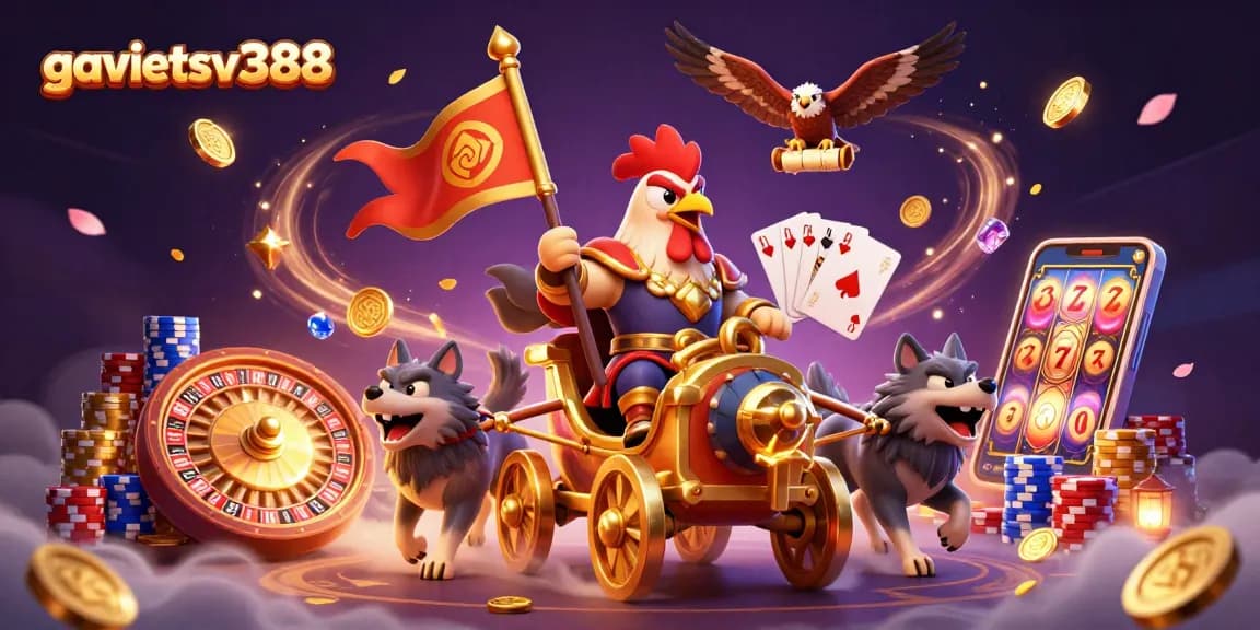 Gavietsv388 showcases intense gambling action with a rooster warlord and vibrant casino elements.
