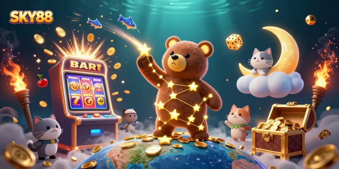 Engage with SKY88's cosmic casino adventure, featuring vibrant 3D slots and celestial characters.