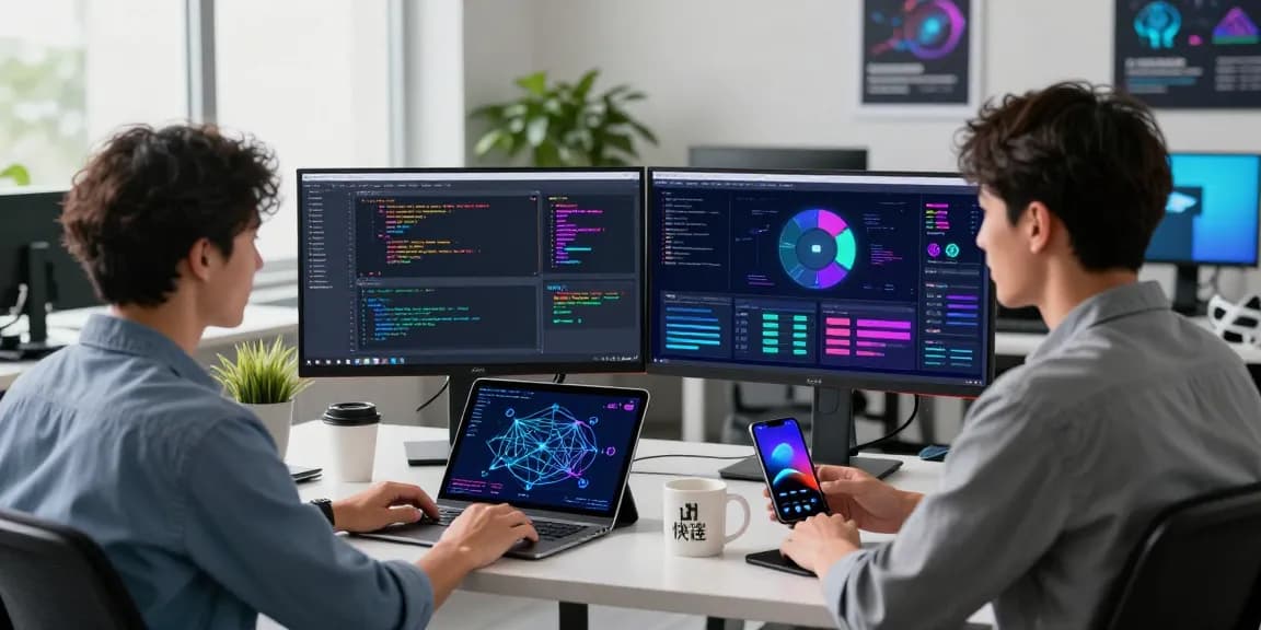 Explore 快连 in a modern tech workspace with vibrant coding displays and advanced gadgets.