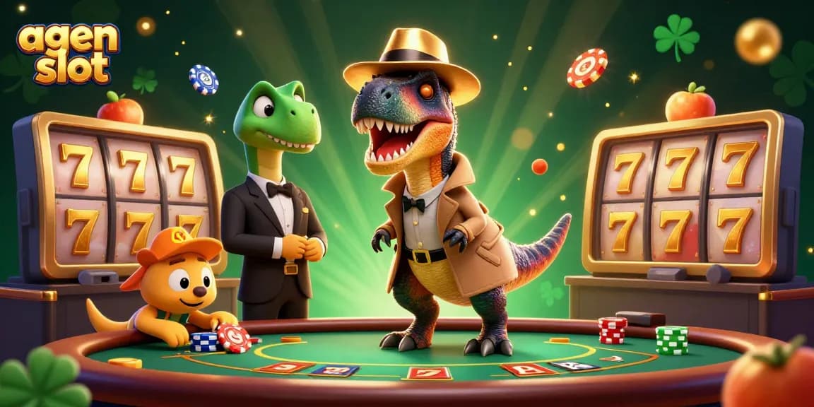 Engage with the excitement of agen slot as a cartoon velociraptor card counter attempts to blend in at a dynamic blackjack table.