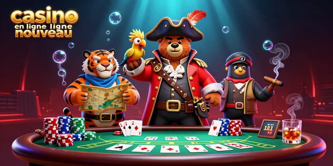 Illustration captivante de casino en ligne nouveau avec un ours capitaine pirate, un tigre et un perroquet, entourés de cartes et de jetons.