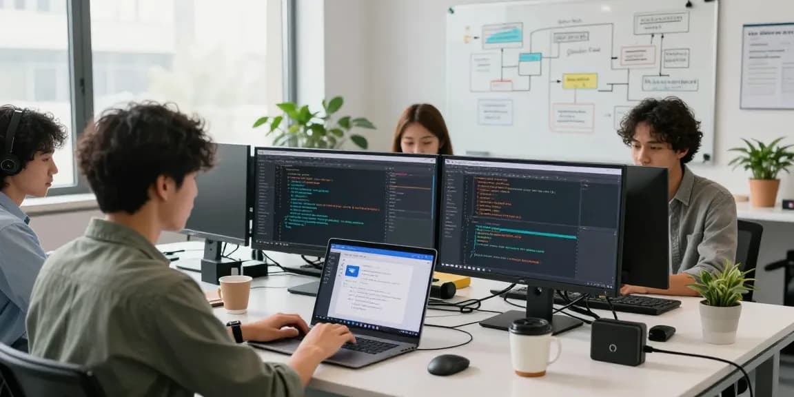 Developers discussing telegram language chinese translation in a bright office.