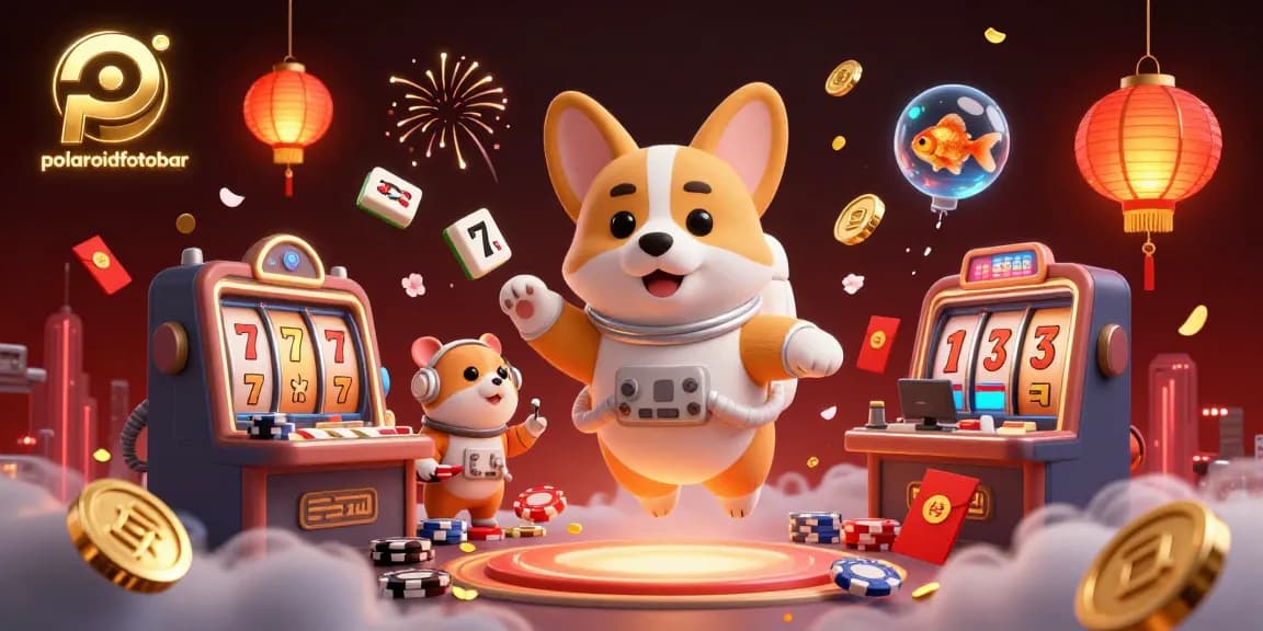 Engage in thrilling adventures with polaroidfotobar as a corgi enjoys a space casino filled with slot reels and gold coins.