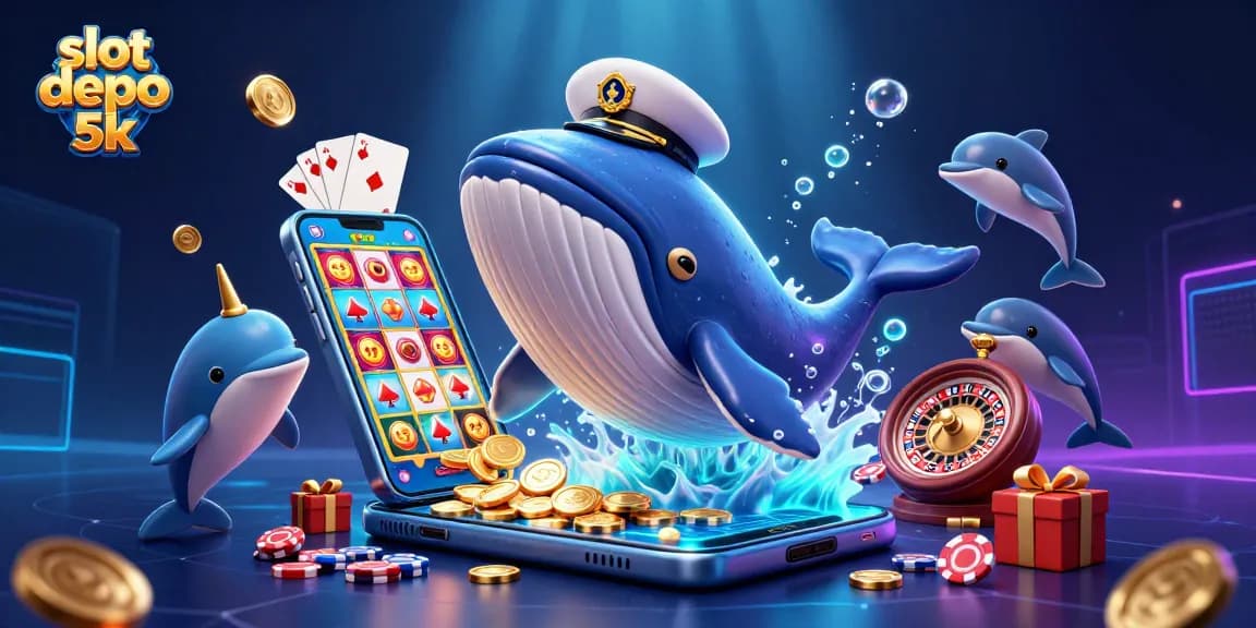 Join the fun with slot depo 5k as the whale takes center stage among vibrant casino elements in this dynamic illustration.