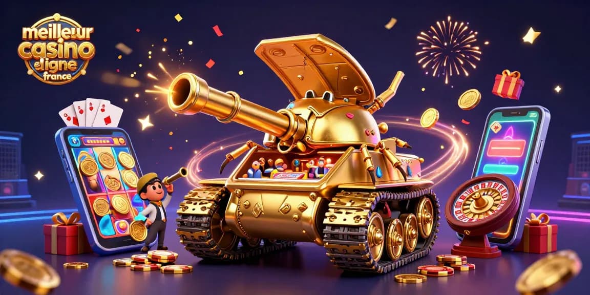 Illustration colorée d'un meilleur casino en ligne France avec des jeux, confettis et ambiance festive.